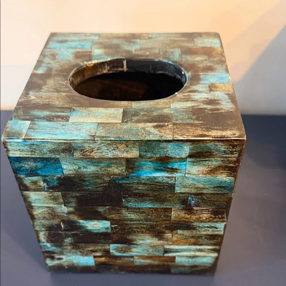 Inlaid Bone Blue and Brown Tissue Box Cover